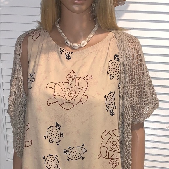 Vintage Peppermint Bay Turtle Rayon dress with net open coverup sweater Large - Picture 6 of 11